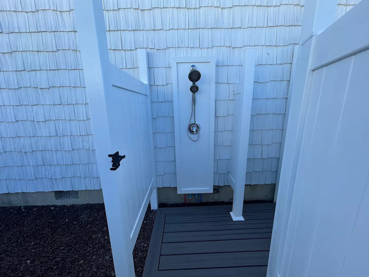 Margate City outdoor shower Trex floor chrome fixtures shingle siding NJ