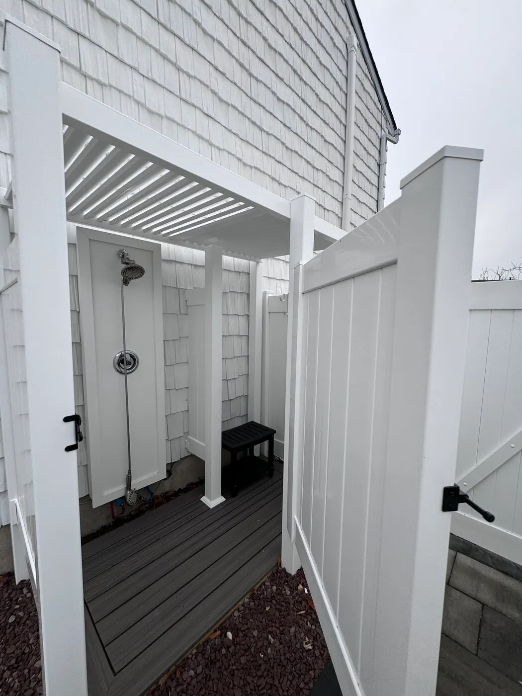 Margate City custom outdoor shower Trex floor louvered roof bench NJ
